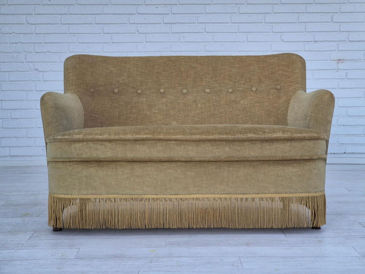 1970s, Danish 2 seater sofa, original condition, green furniture velour, beech wood legs.