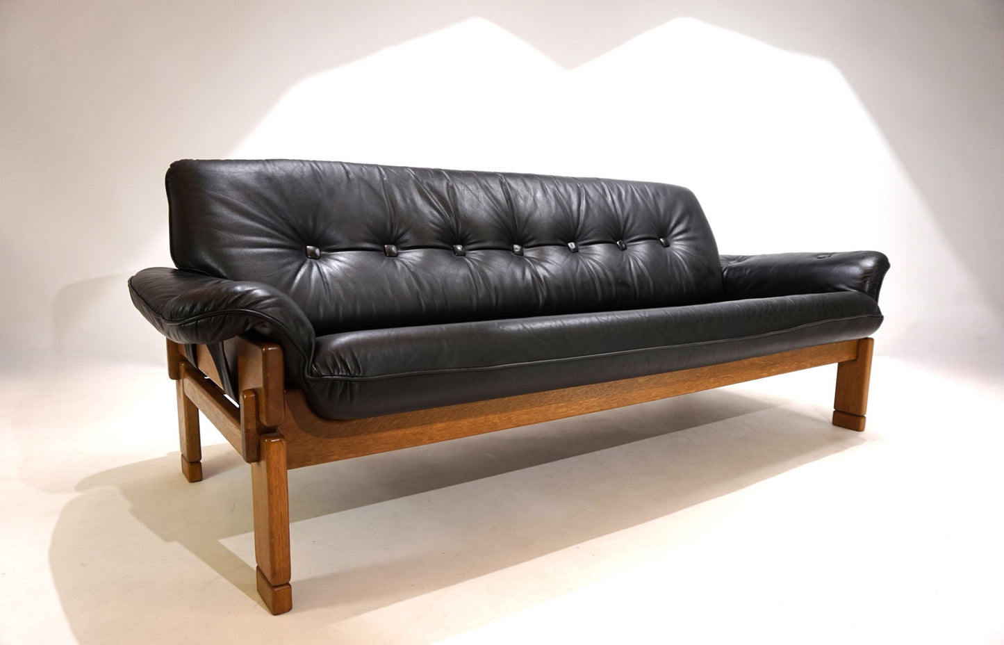 Brutalist 3 seater sofa leather and oak, 1960