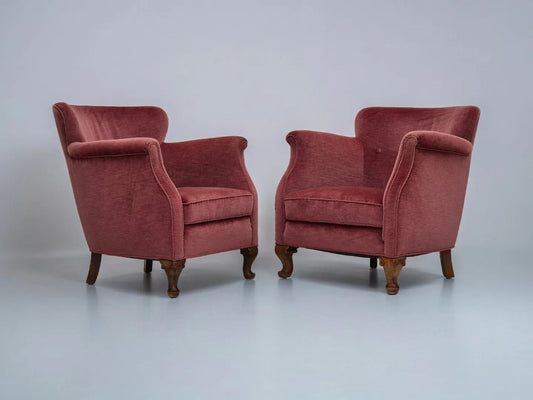 1960s, pair of Danish lounge chairs, original condition, light pink furniture velour.