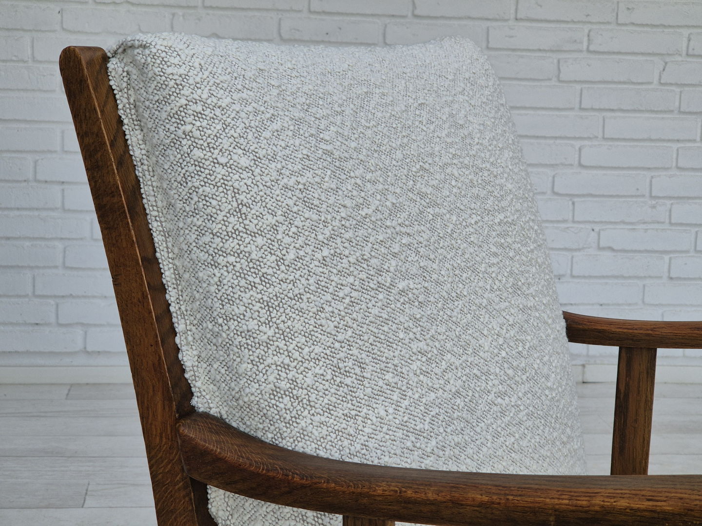 1950s, Scandinavian design, reupholstered armchair, white/light gray fabric, oak wood.