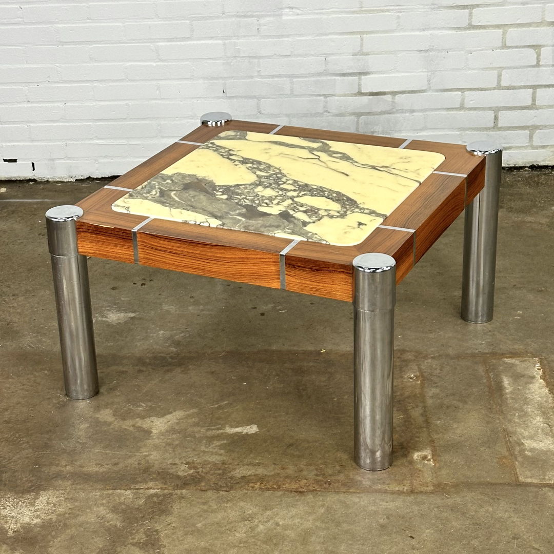 Vintage coffee table with marble in combination with wood and chrome