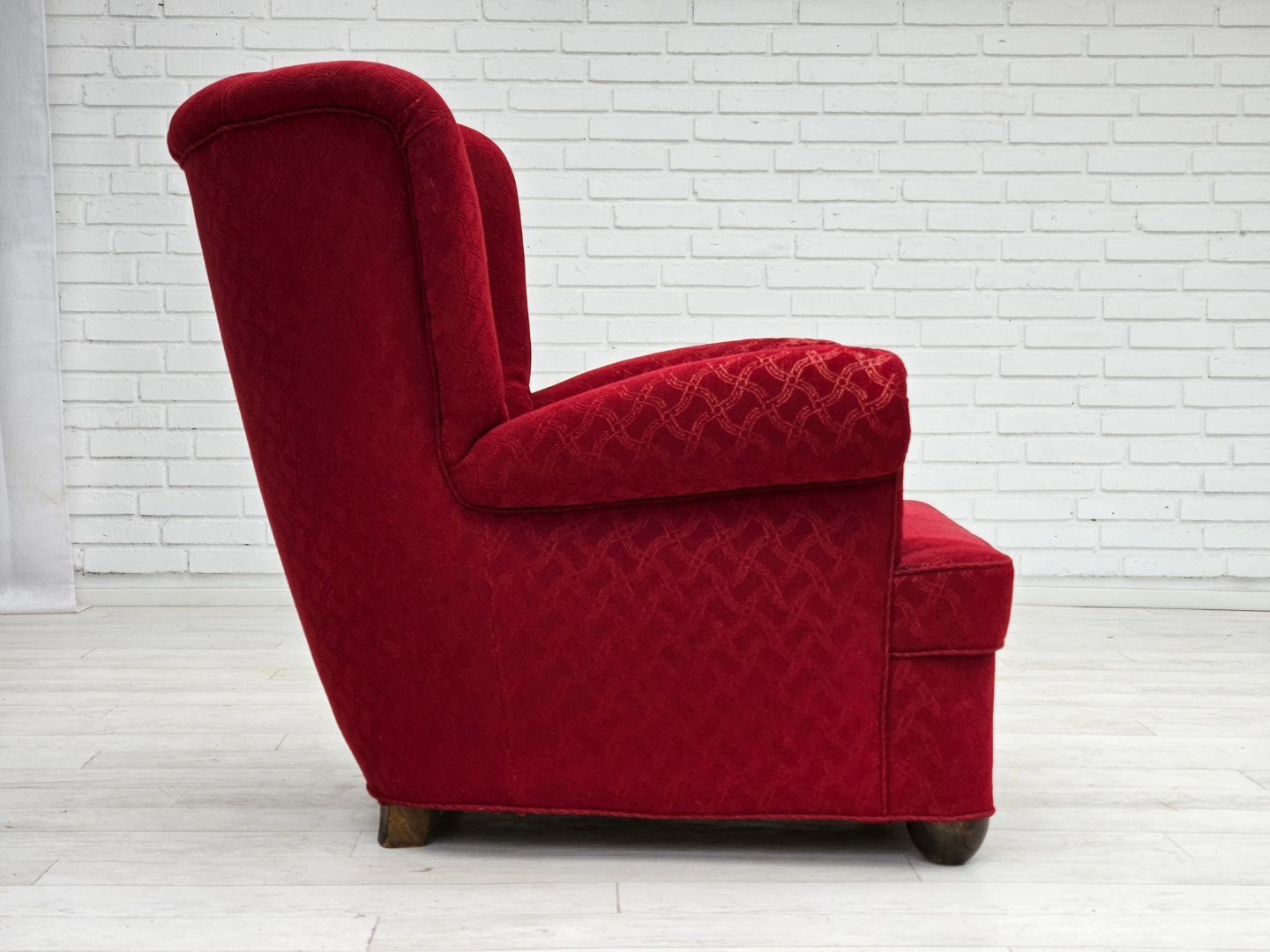 1960s, Danish relax armchair, original condition, red cotton/wool, oak wood.