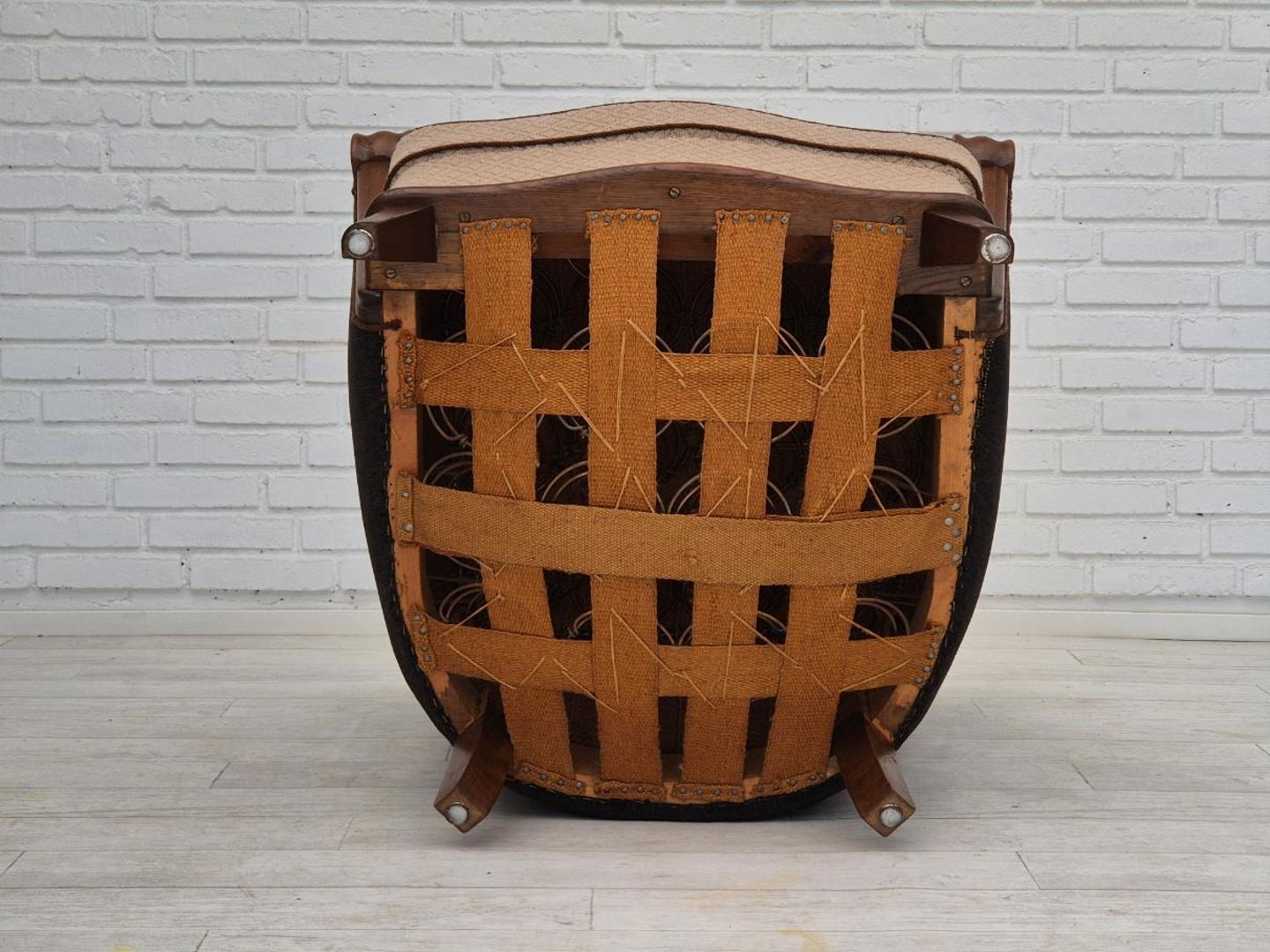 1950s, Danish vintage armchair, light brown cotton/wool, oak wood.