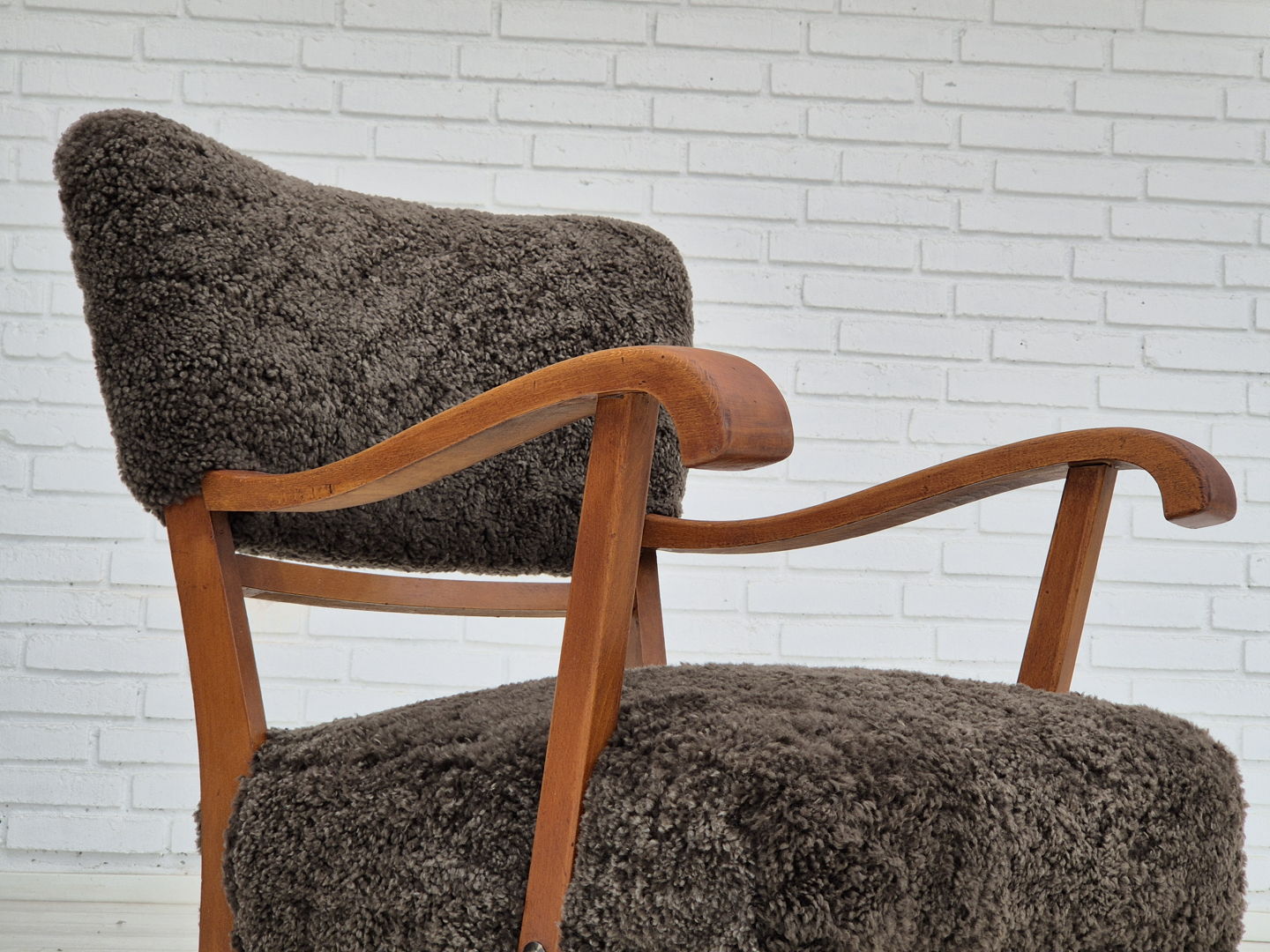 1950s, Danish design, reupholstered armchair, genuine sheepskin.