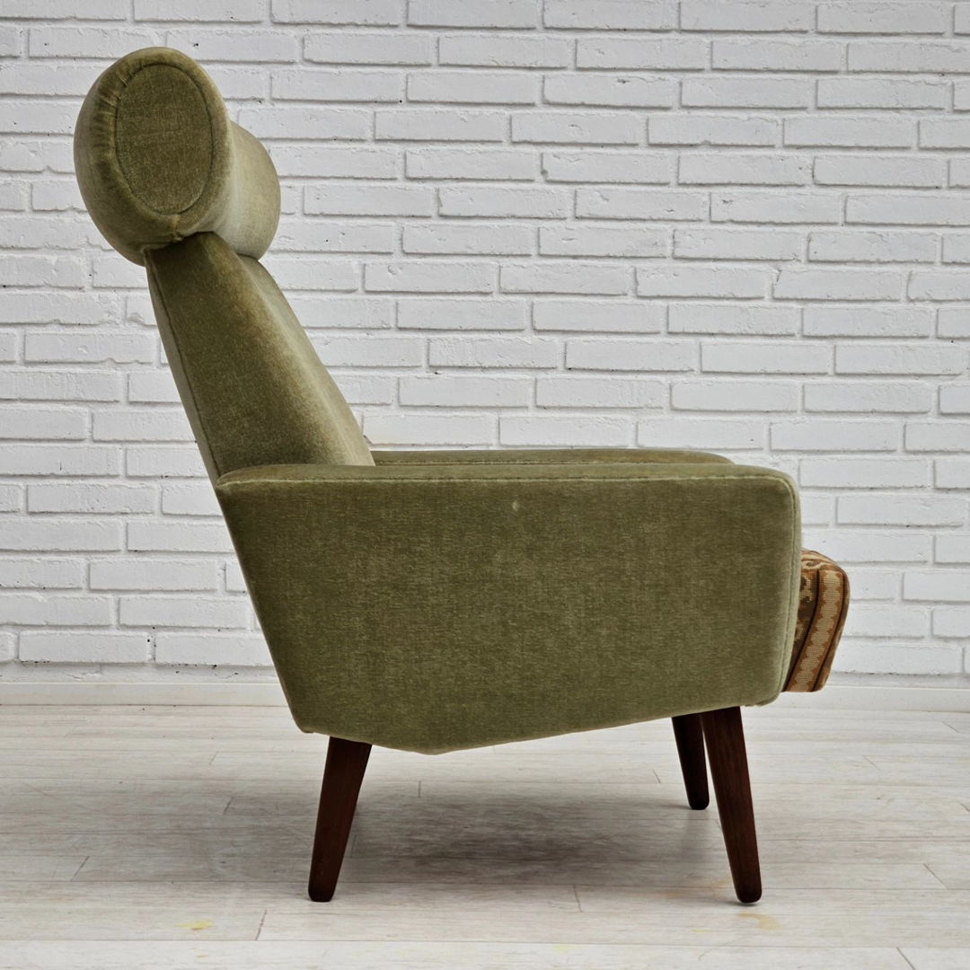 1970s, Danish armchair, original condition, furniture velour, woven wool fabric, teakwood.