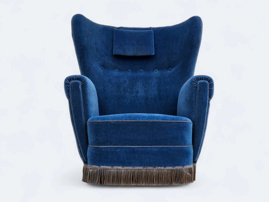 1960s, Danish highback relax armchair, original condition, blue furniture velour.