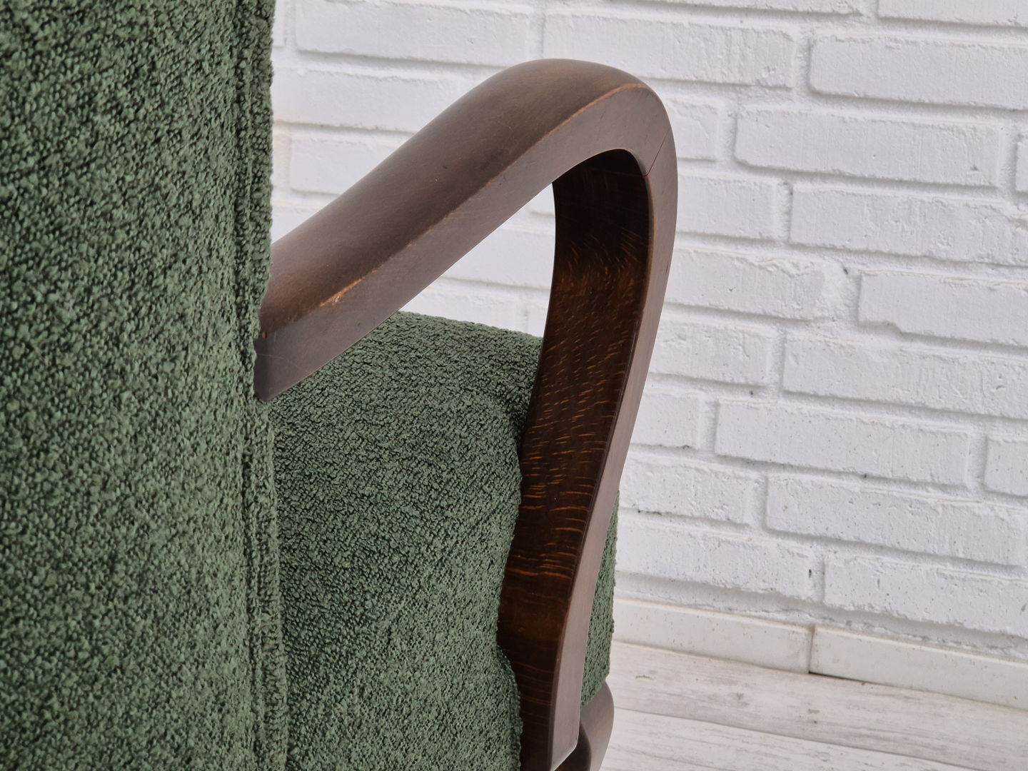 1950s, Danish design, restored high-back wingback chair, bottle green, beech wood.