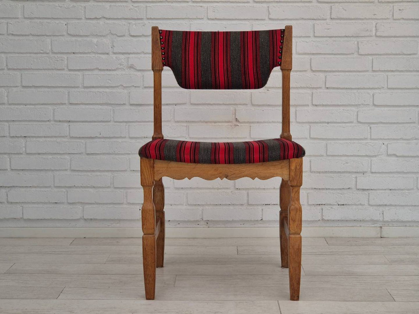 1970s, Danish design by Henning Kjærnulf, set of 4 dining chairs, original condition, oak, wool.