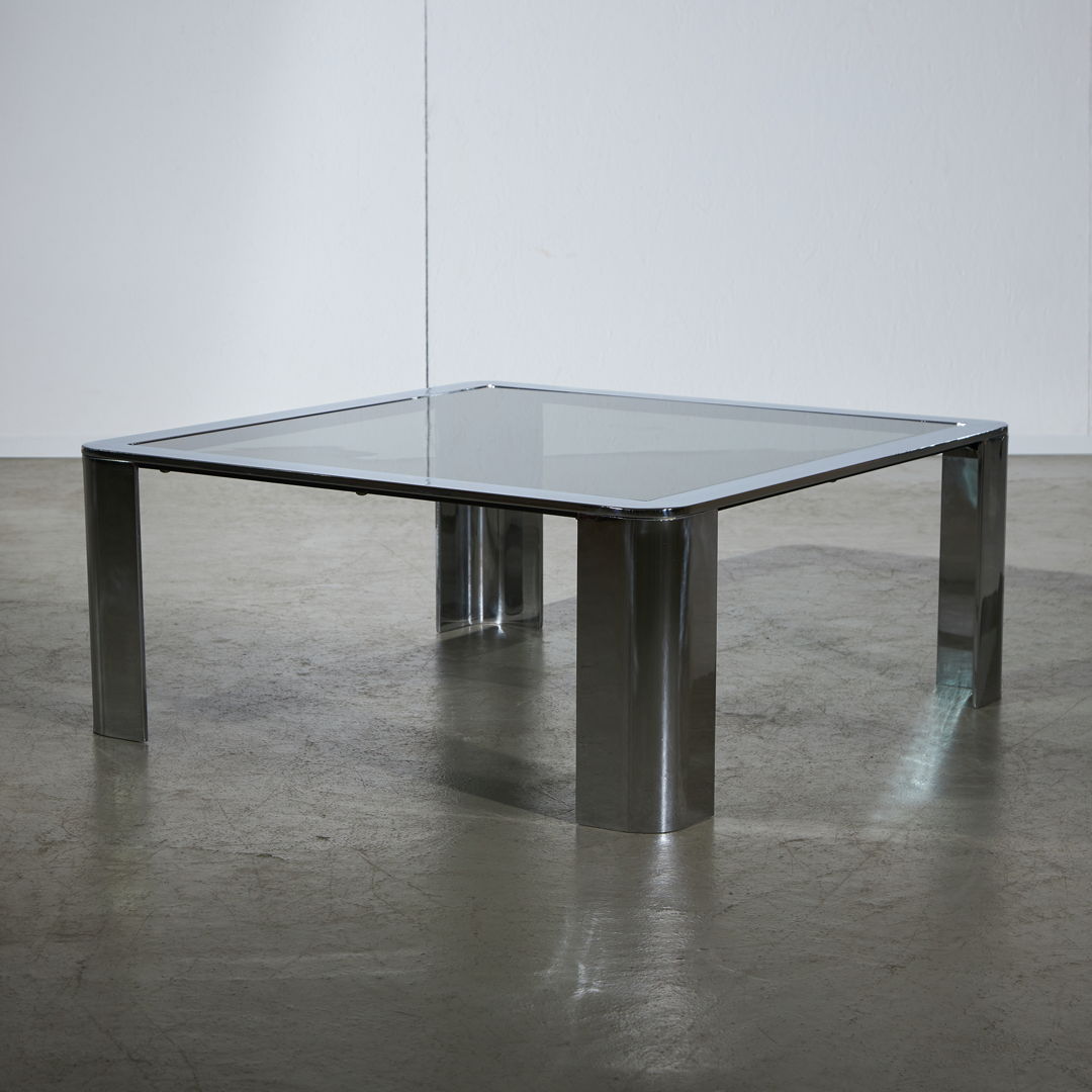 Wide, Chromed Leg Coffee Table With Smoked Glass Top