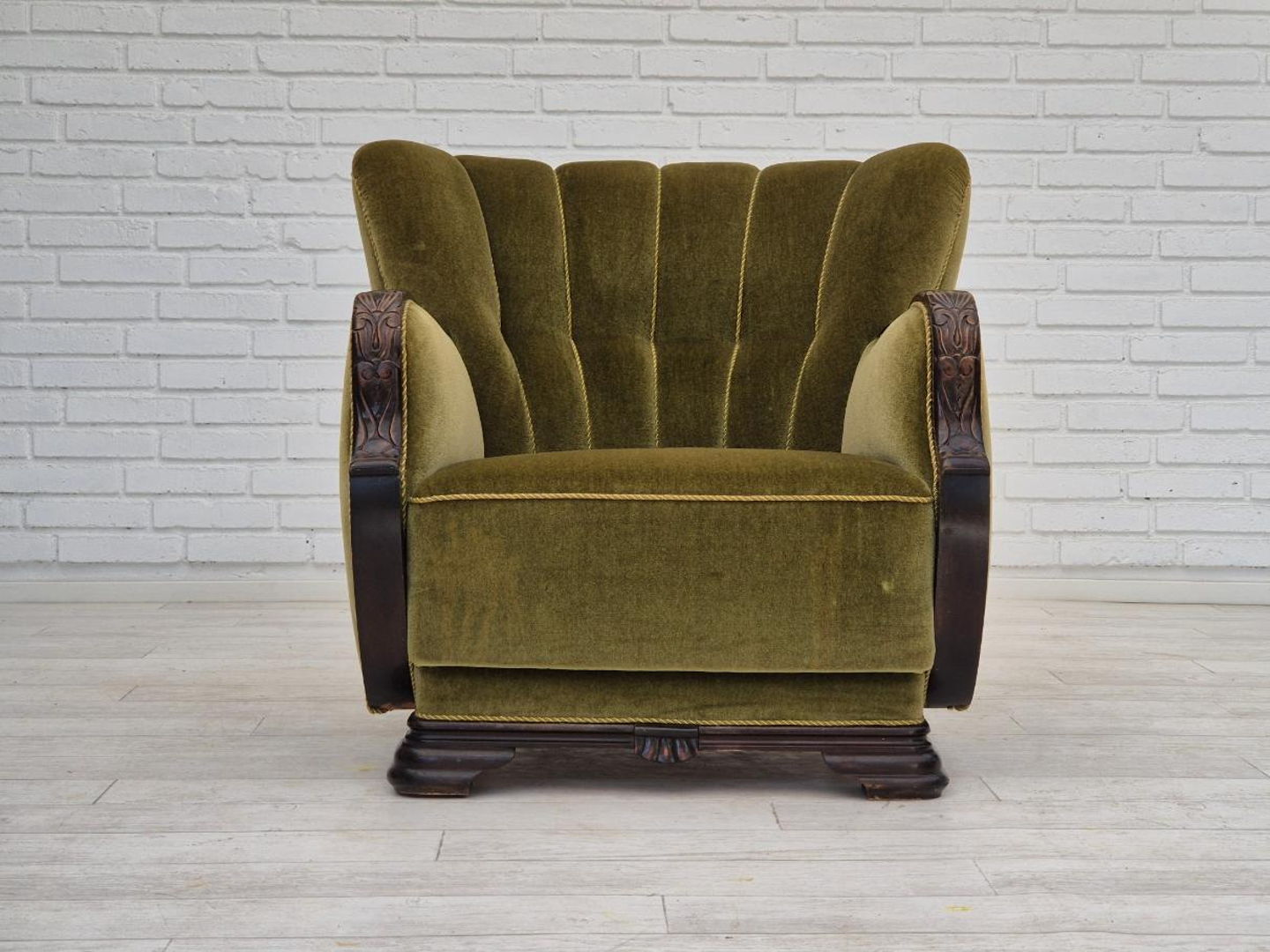 1950s, Danish vintage chair, furniture velour, oak wood.