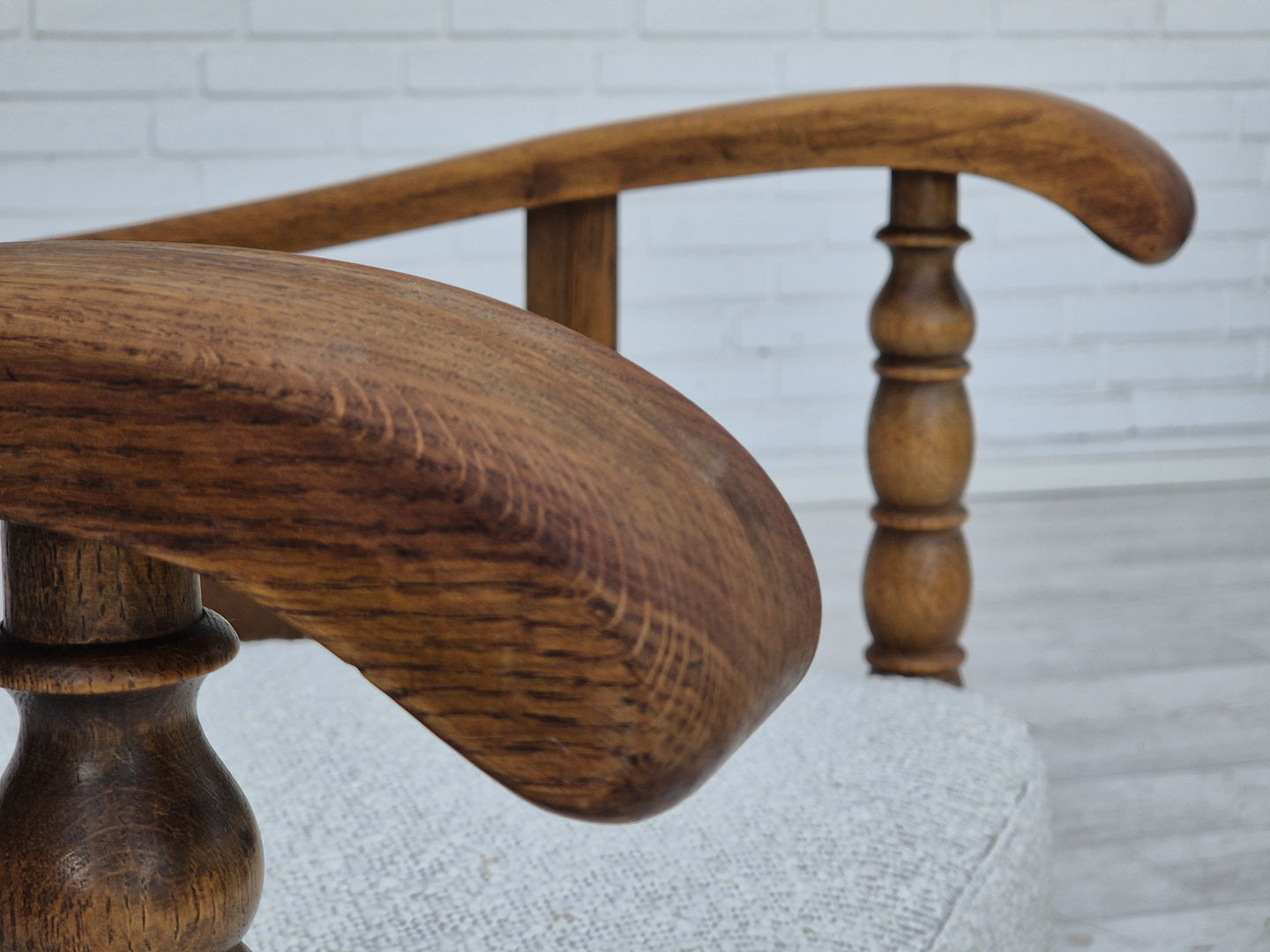 1950s, Scandinavian design, reupholstered armchair, white/light gray fabric, oak wood.