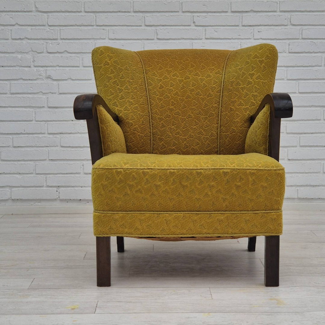 1950s, Danish vintage chair, light green cotton/wool fabric, beech wood.