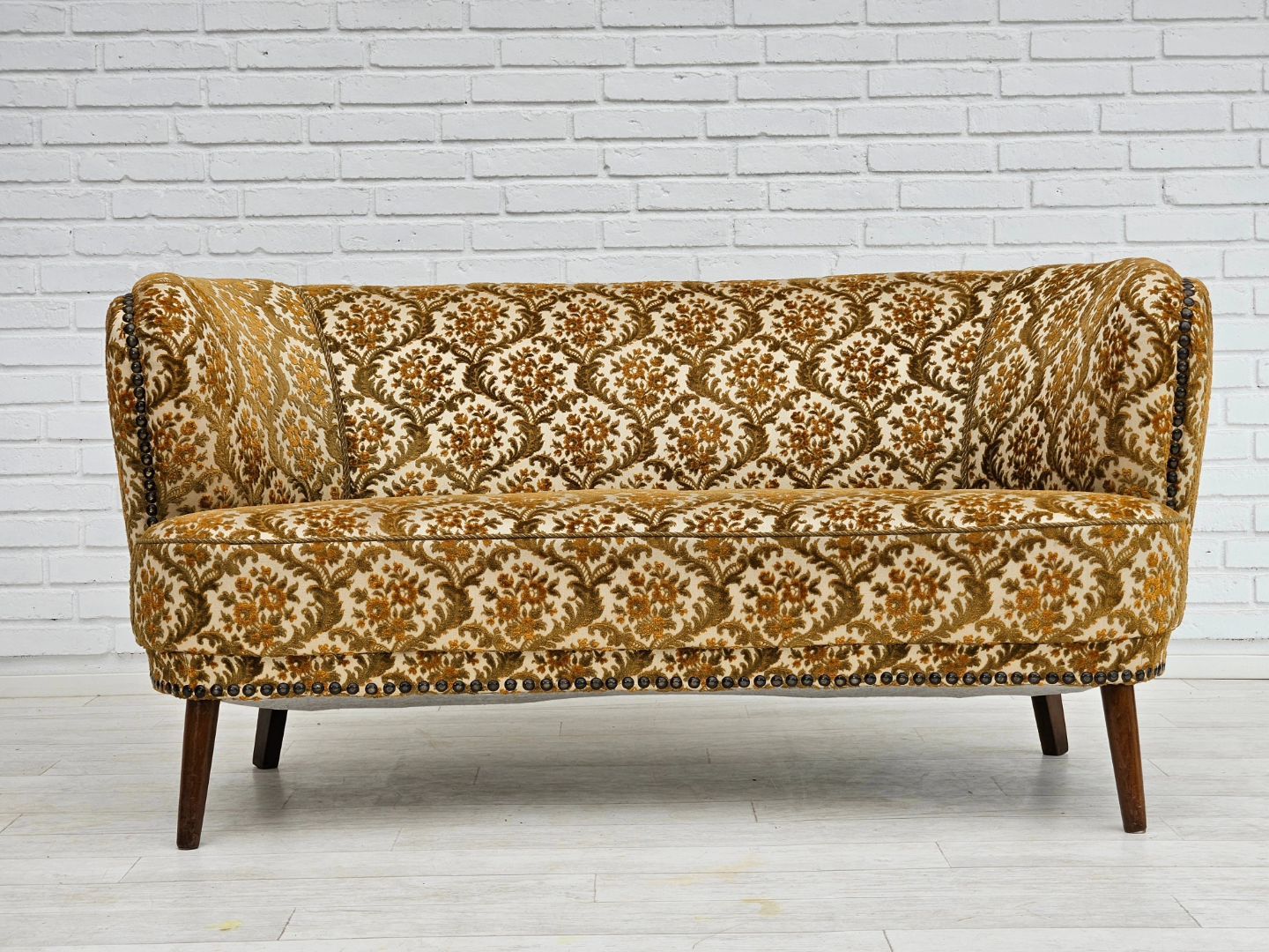 1960s, Danish 2 seater "Banana" sofa, original condition, run/beige furniture fabric, beech wood.