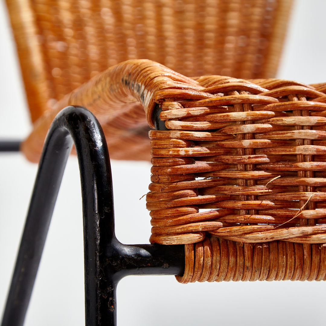 WICKER AND IRON CHAIR BY FREDERICK WEINBER, SET OF 6
