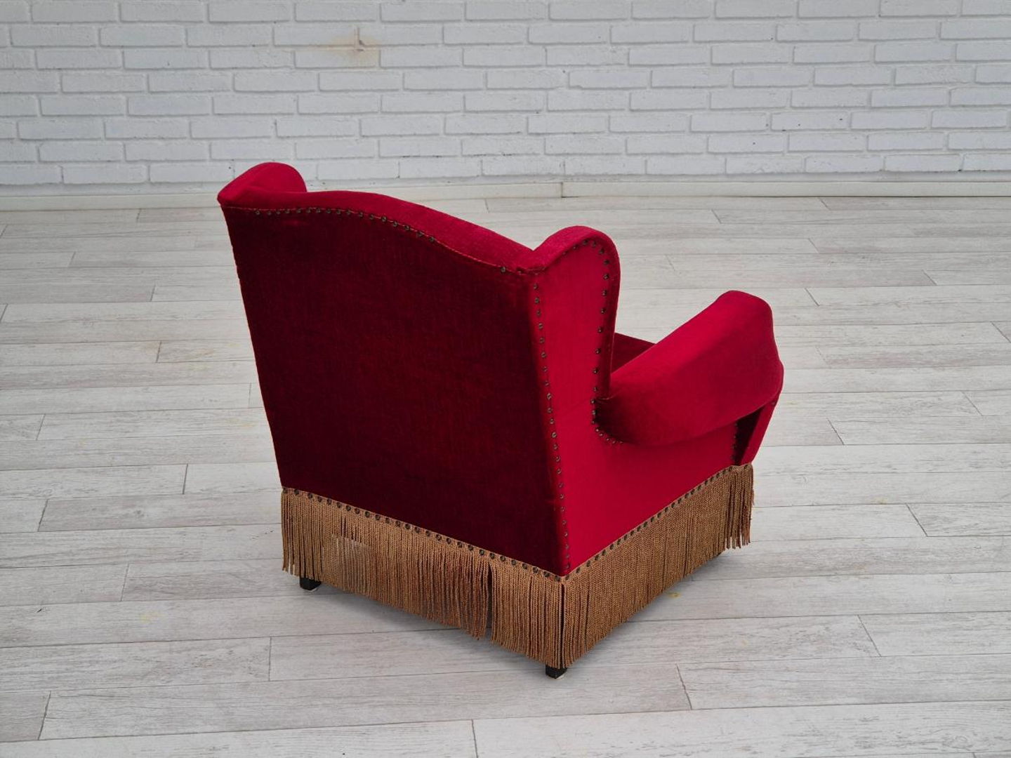 1960s, Danish lounge chair, original, furniture velour, oak wood legs