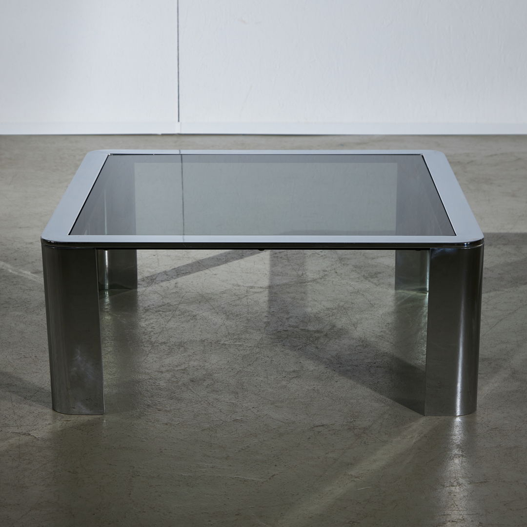 Wide, Chromed Leg Coffee Table With Smoked Glass Top