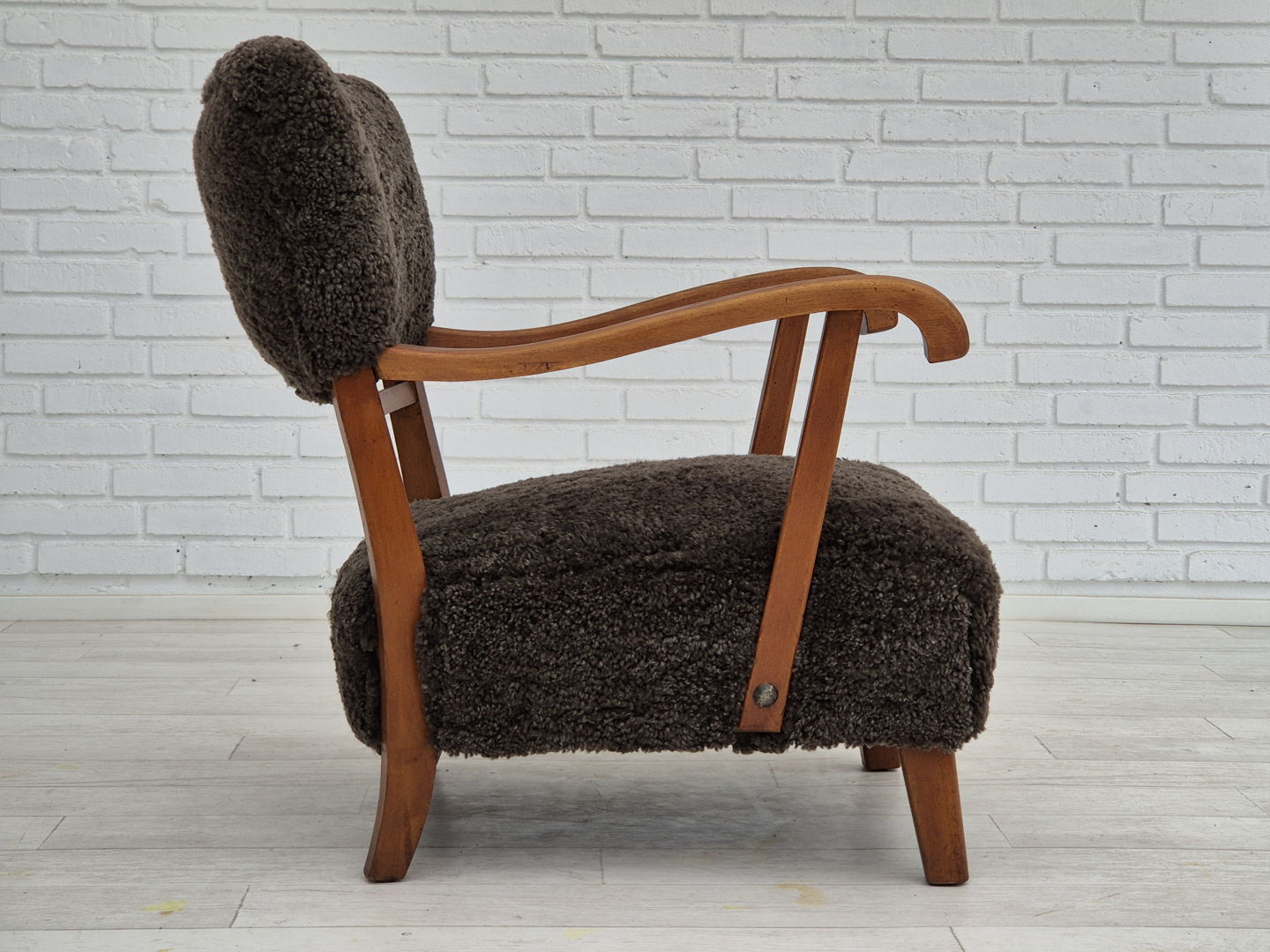 1950s, Danish design, reupholstered armchair, genuine sheepskin.