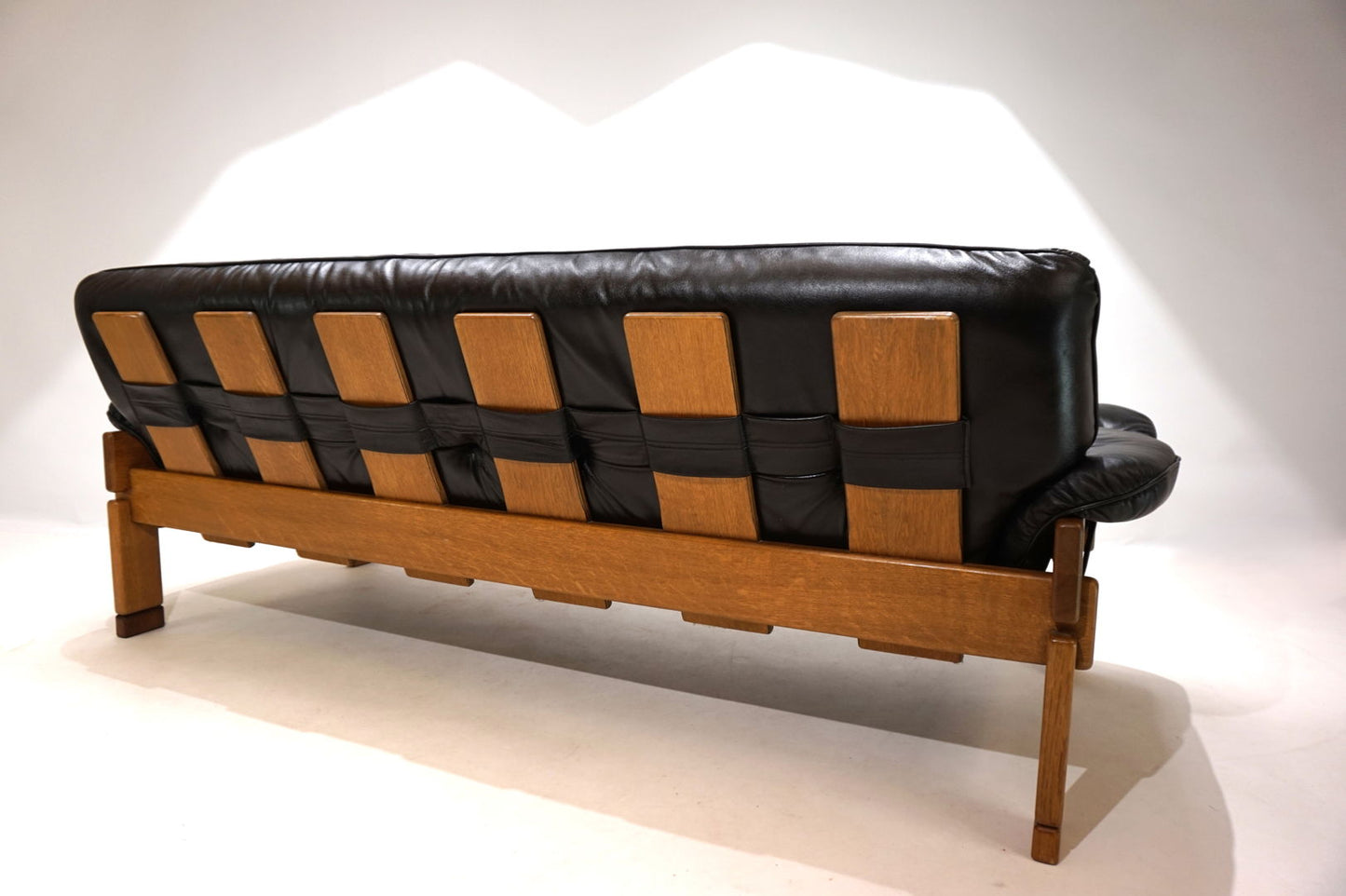 Brutalist 3 seater sofa leather and oak, 1960