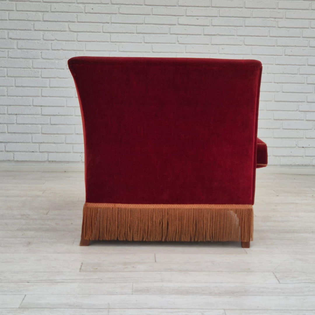 1960s, Danish velour 2 seater drop arm sofa, cherry-red velour, original condition.