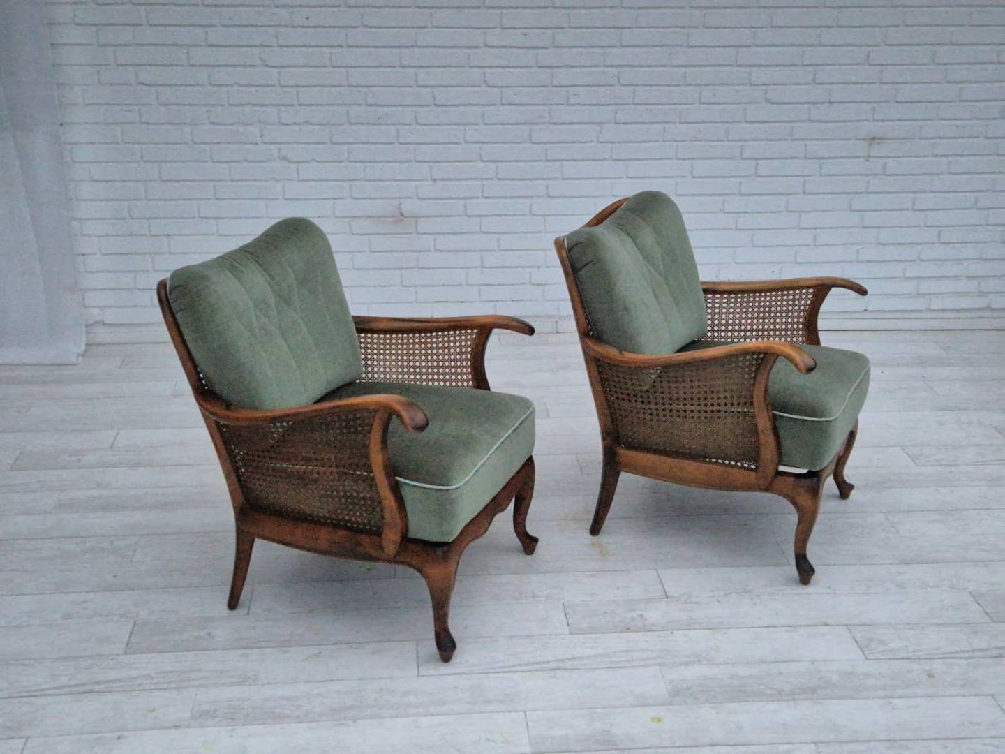 1950s, a pair of Danish armchairs in original condition, velour, ash wood, furniture mesh.