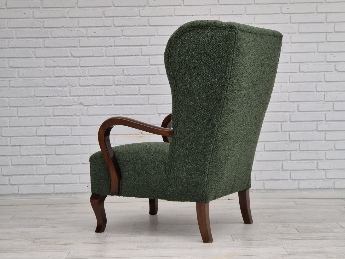 1950s, Danish design, restored high-back wingback chair, bottle green, beech wood.