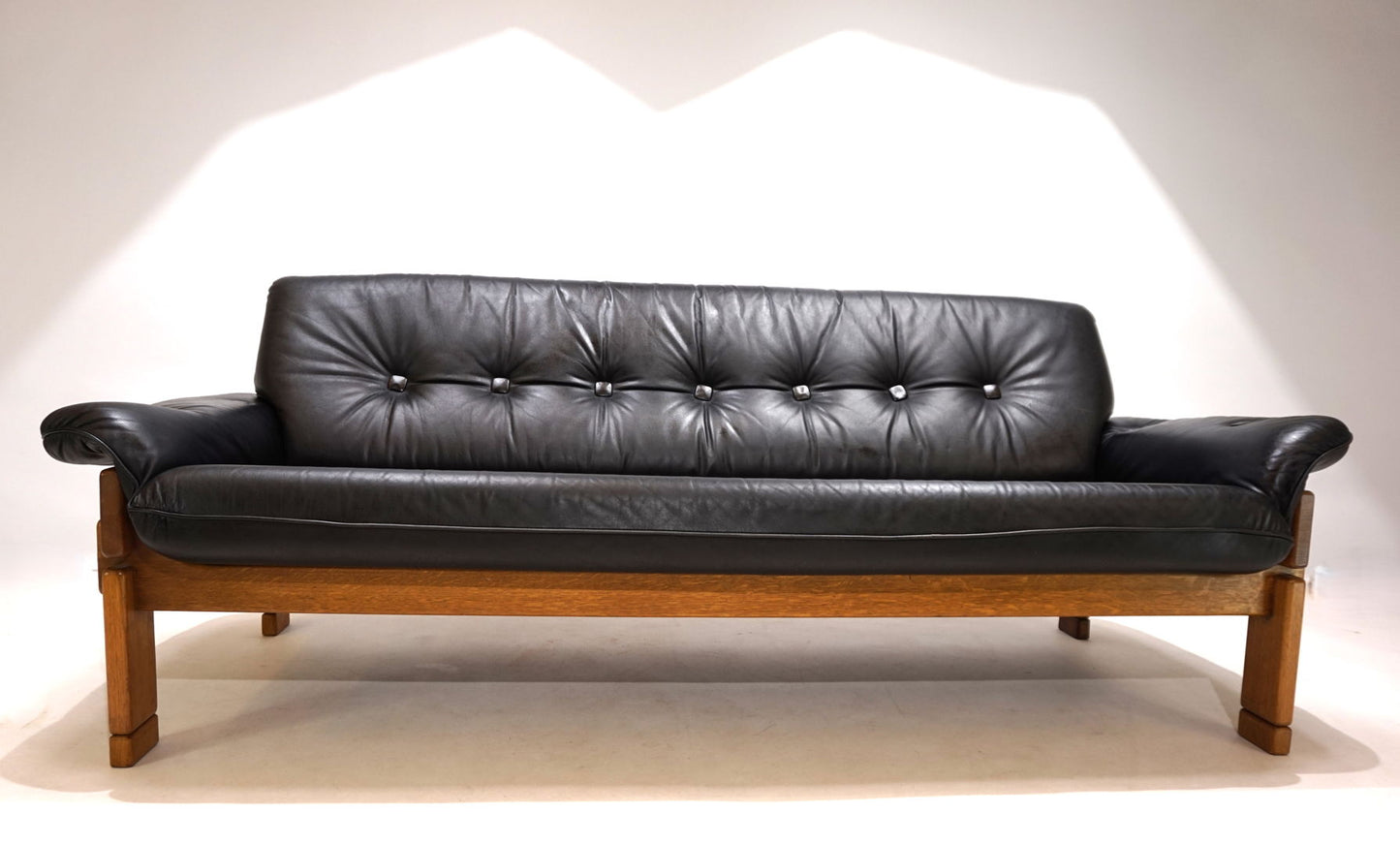 Brutalist 3 seater sofa leather and oak, 1960