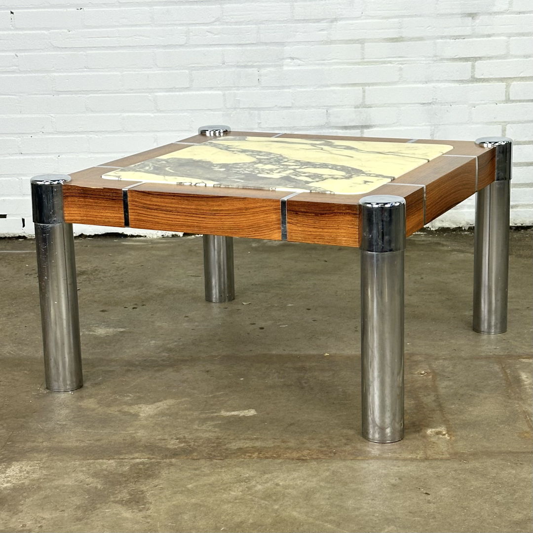 Vintage coffee table with marble in combination with wood and chrome