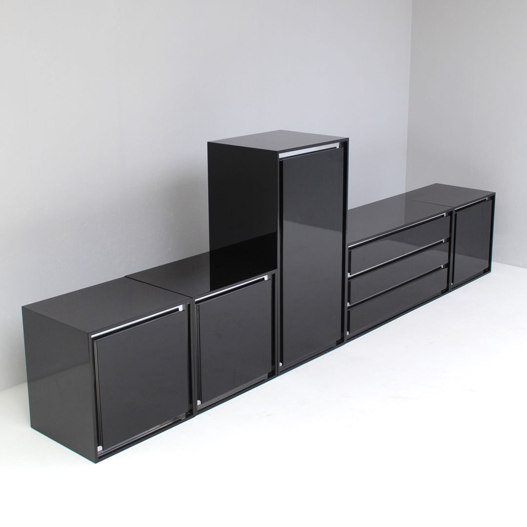 Black Living Furniture Set in Steel Profiles attributed to Acerbis, 1970s.