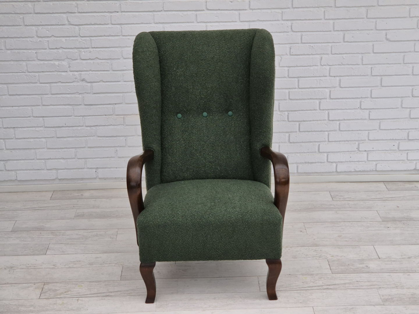 1950s, Danish design, restored high-back wingback chair, bottle green, beech wood.