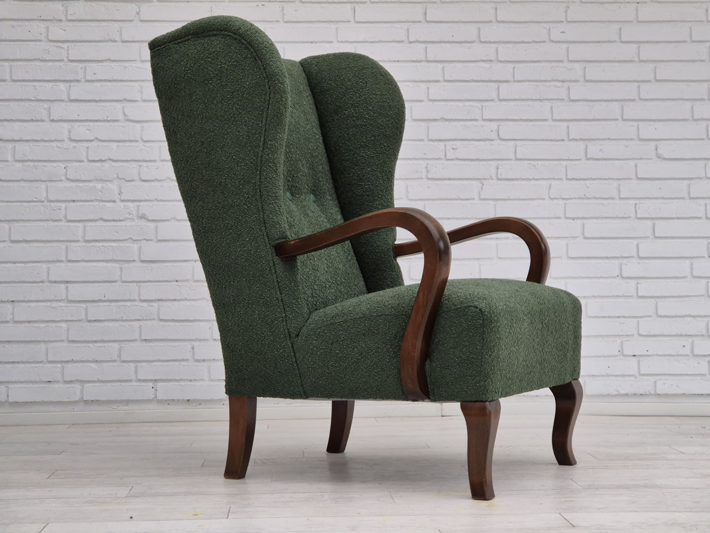 1950s, Danish design, restored high-back wingback chair, bottle green, beech wood.