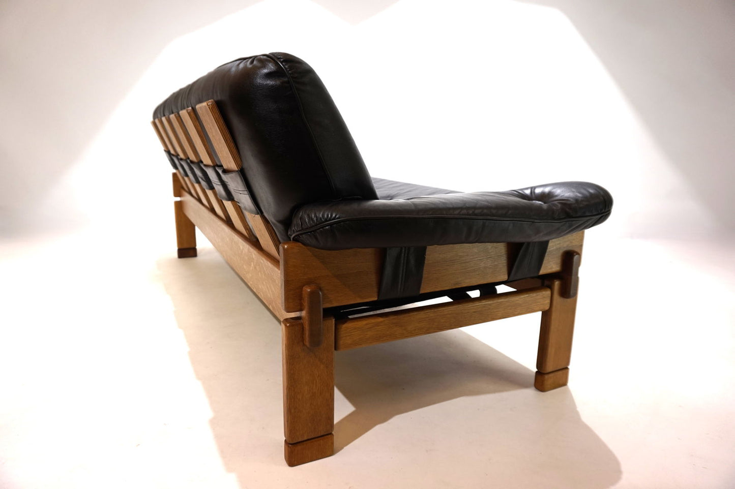 Brutalist 3 seater sofa leather and oak, 1960