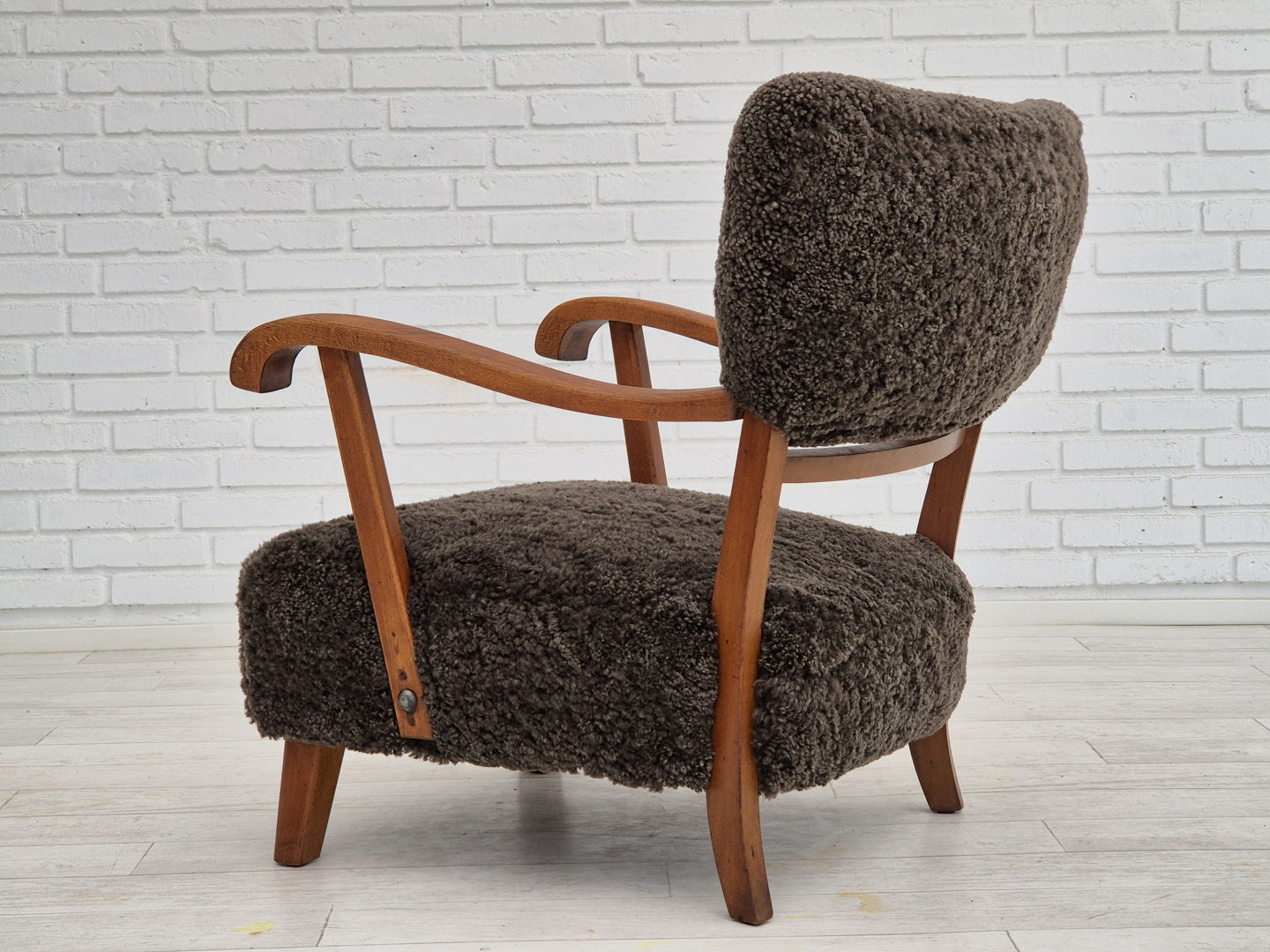 1950s, Danish design, reupholstered armchair, genuine sheepskin.