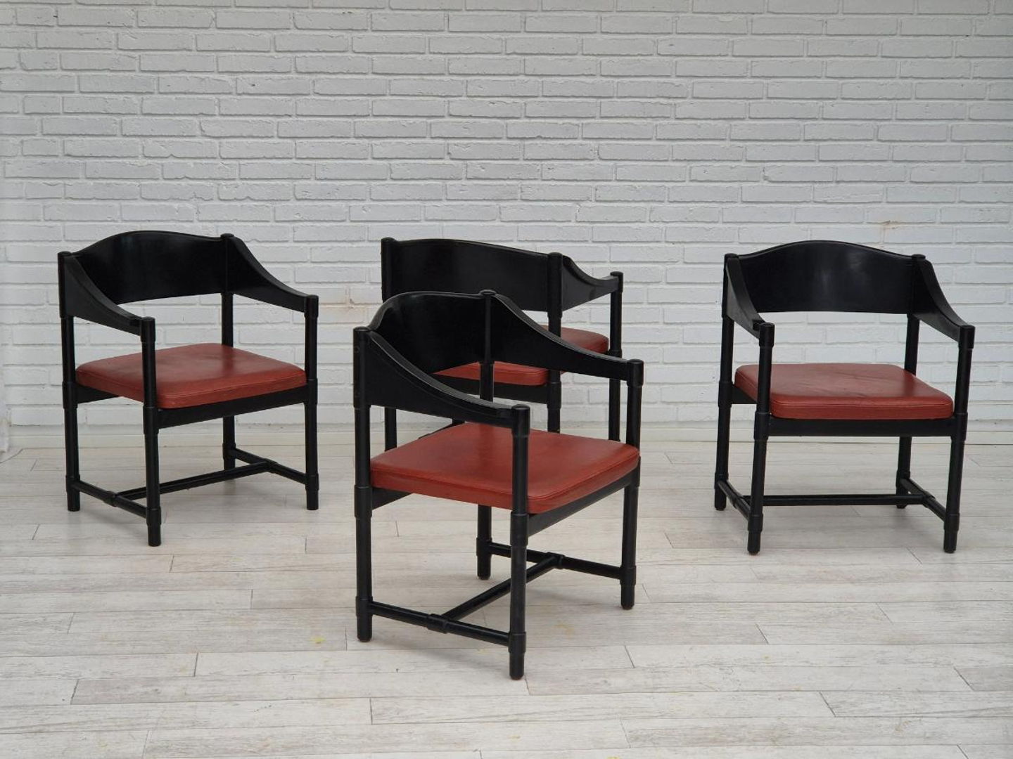1970s, set of 4 Finnish armchairs by Lepokalusto, original condition, birch wood, leather.