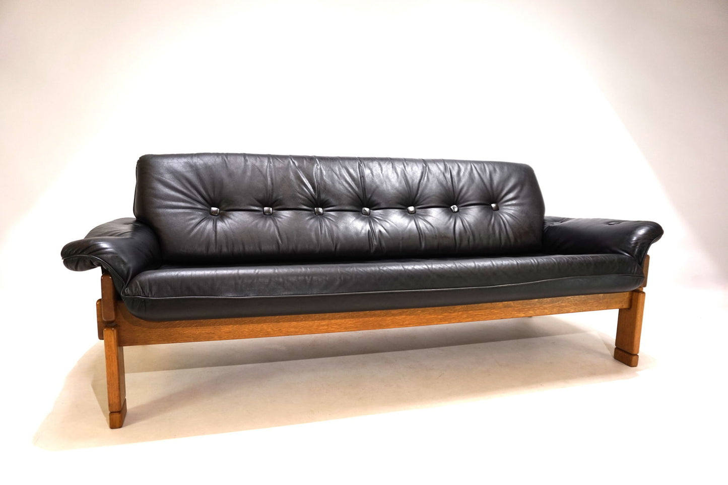 Brutalist 3 seater sofa leather and oak, 1960