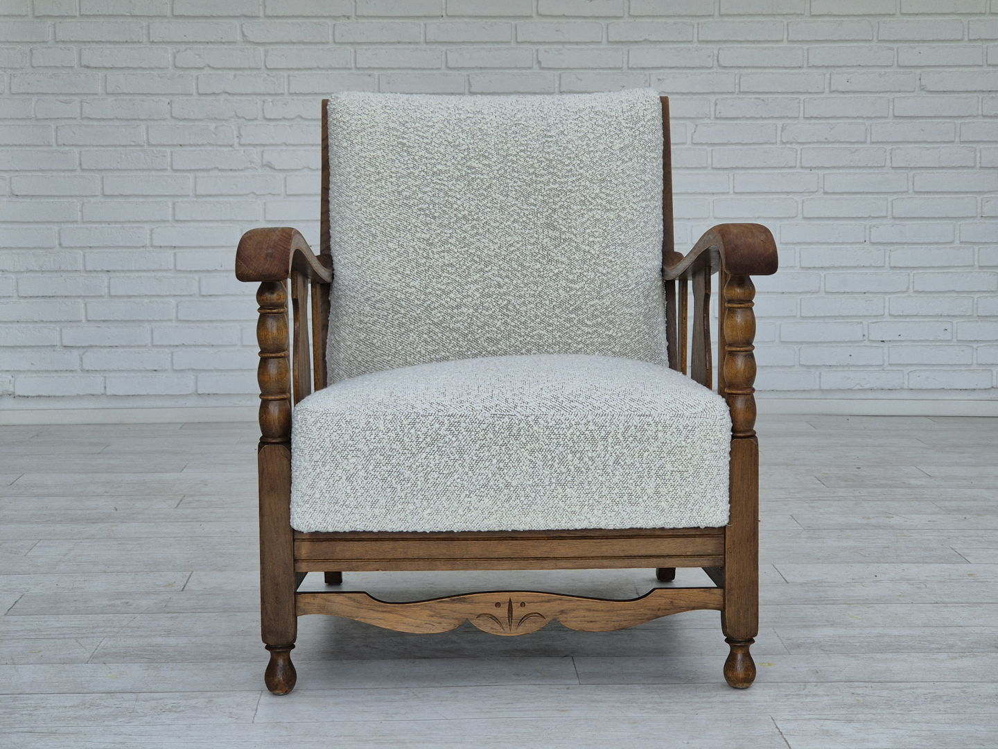 1950s, Scandinavian design, reupholstered armchair, white/light gray fabric, oak wood.