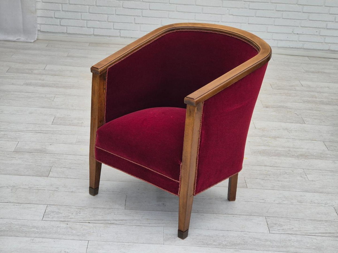 1950s, Danish armchair, original condition, furniture velour, beech wood.