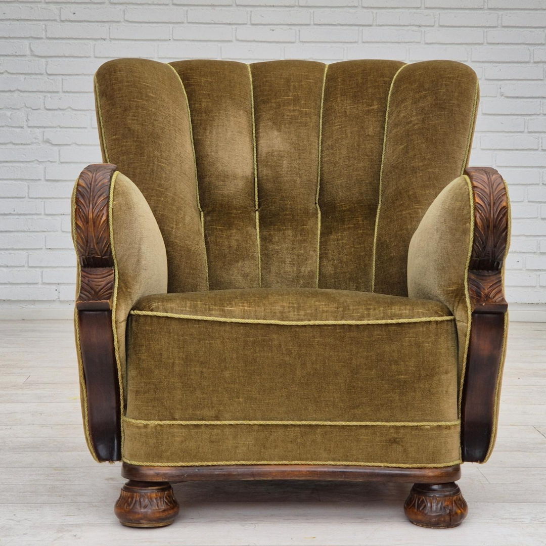 1960s, Danish vintage armchair, furniture velour, dark beech wood.