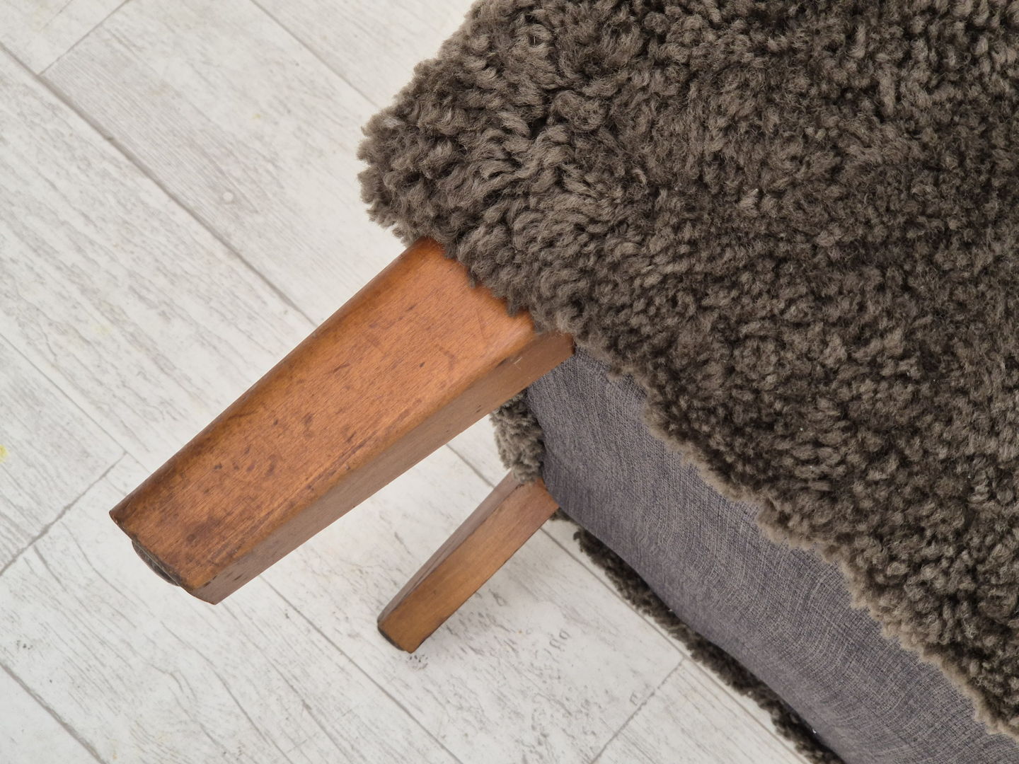 1950s, Danish design, reupholstered armchair, genuine sheepskin.