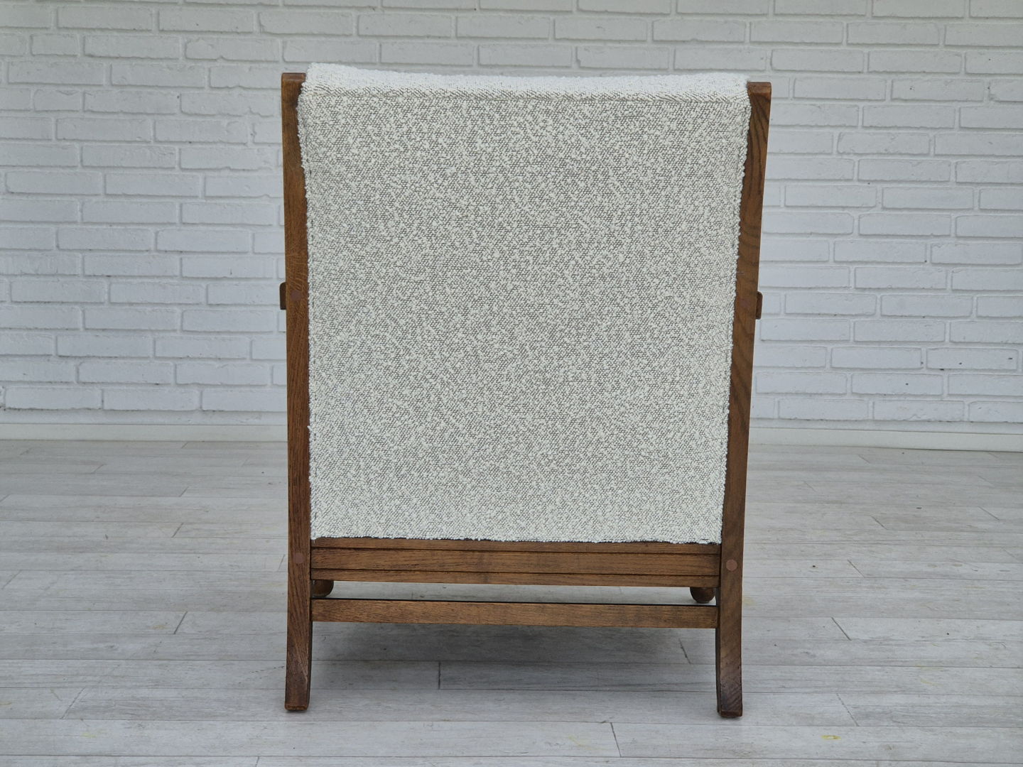 1950s, Scandinavian design, reupholstered armchair, white/light gray fabric, oak wood.