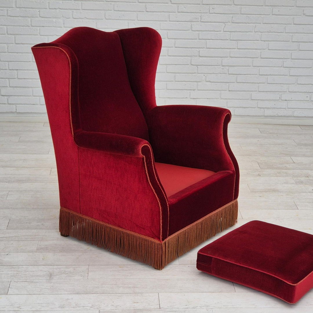 1970s, Danish highback wingback armchair, original condition, furniture velour, ash wood.