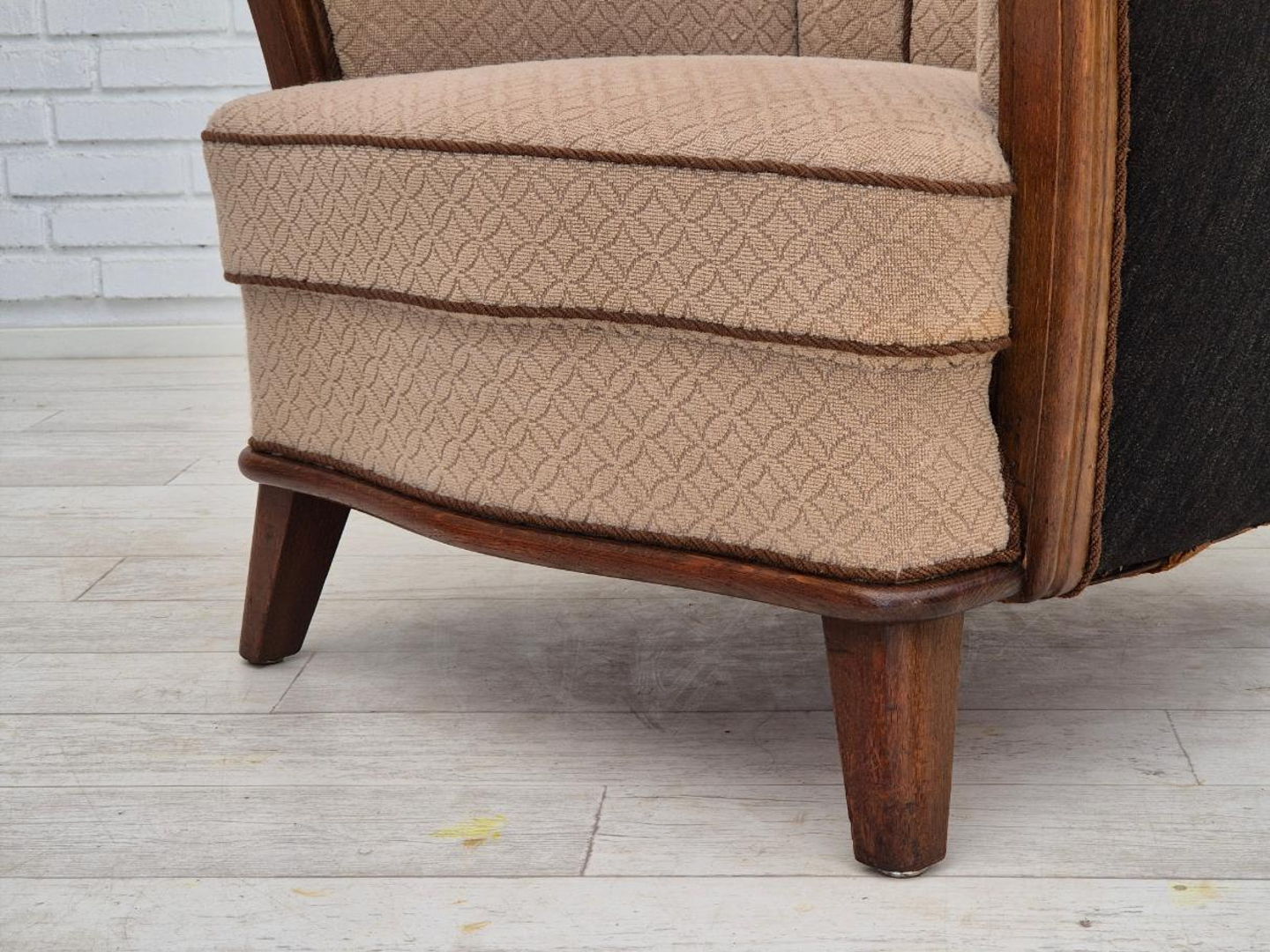 1950s, Danish vintage armchair, light brown cotton/wool, oak wood.