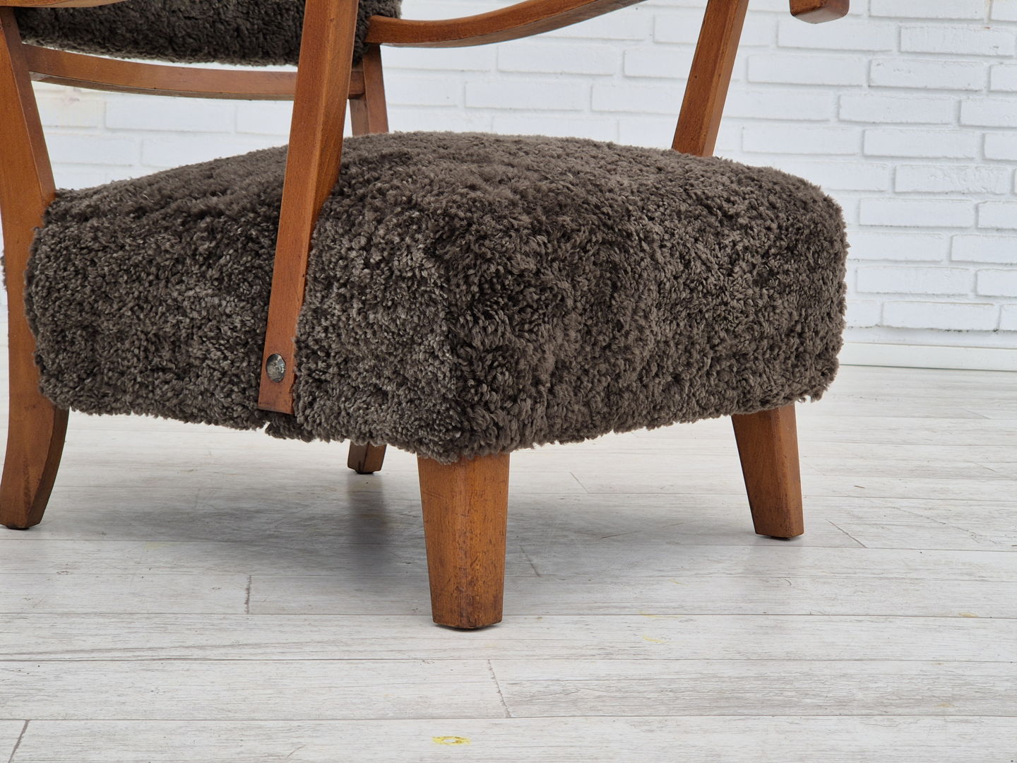 1950s, Danish design, reupholstered armchair, genuine sheepskin.