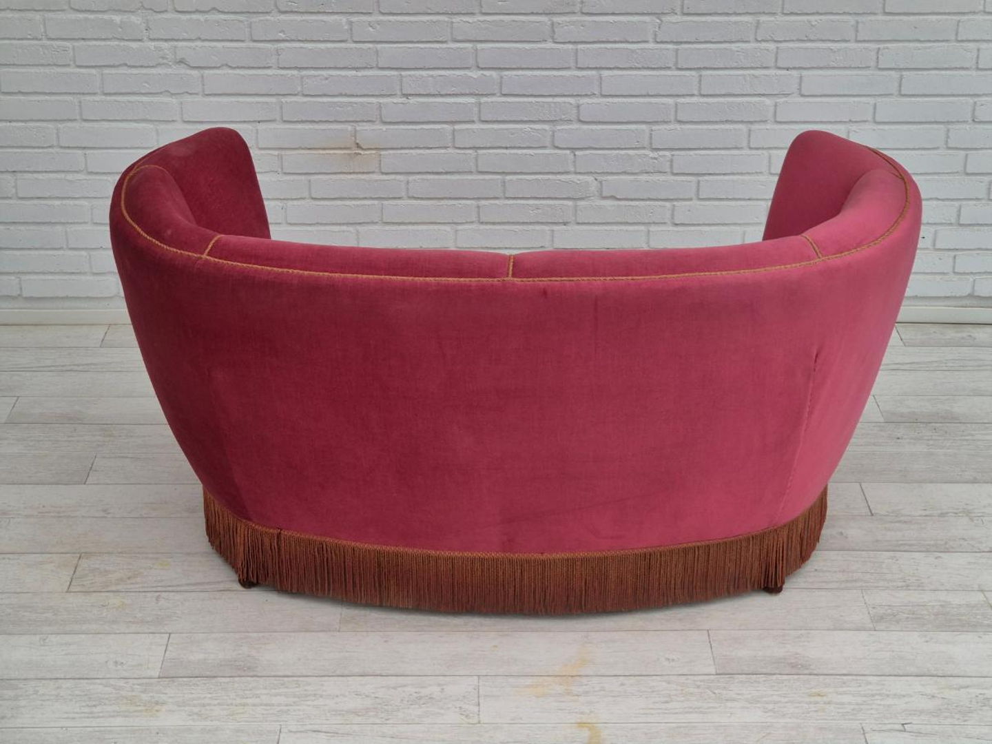 1960s, Danish design, 2 seater "Banana" sofa, original condition, furniture velour, beech wood legs.