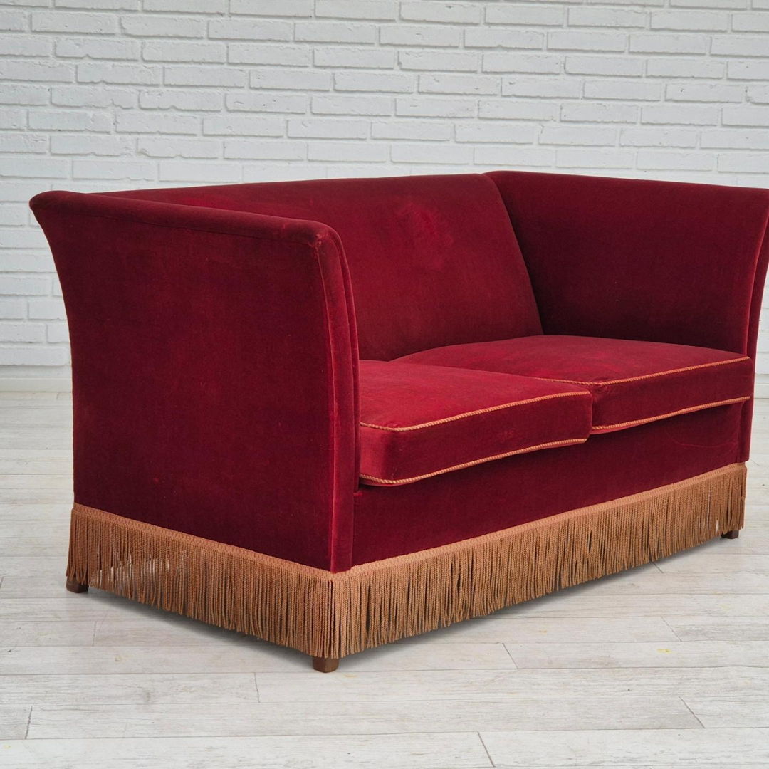 1960s, Danish velour 2 seater drop arm sofa, cherry-red velour, original condition.