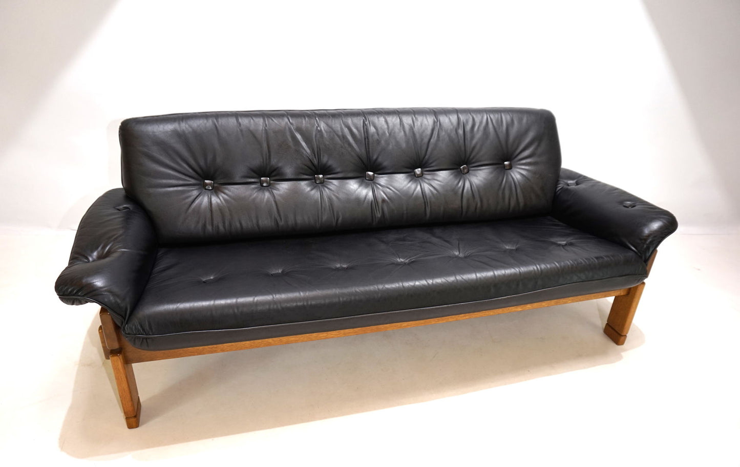 Brutalist 3 seater sofa leather and oak, 1960