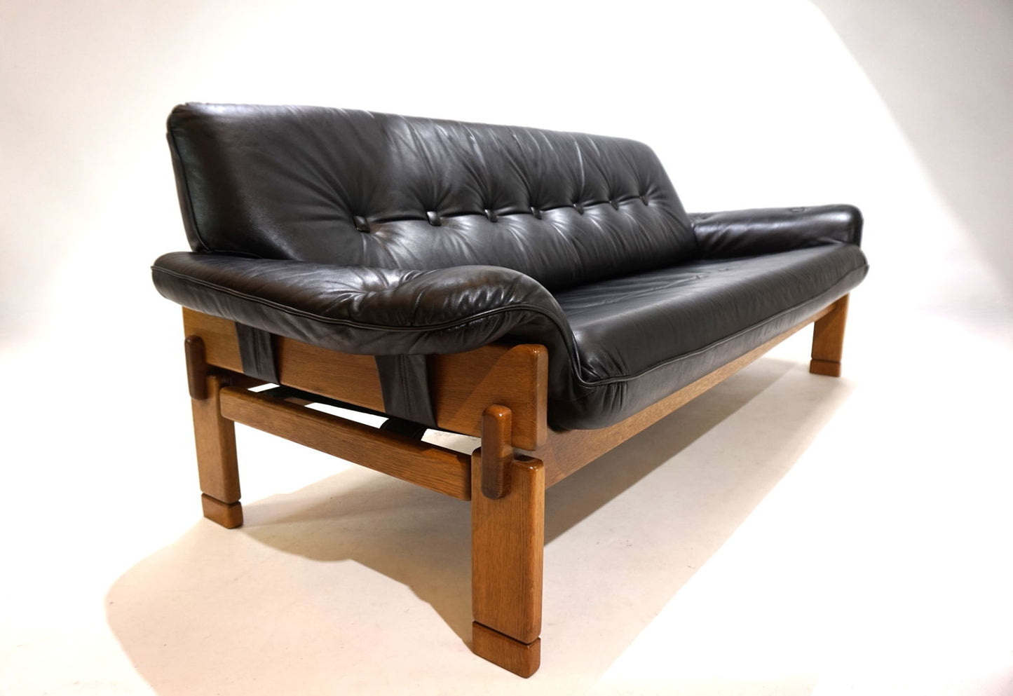 Brutalist 3 seater sofa leather and oak, 1960