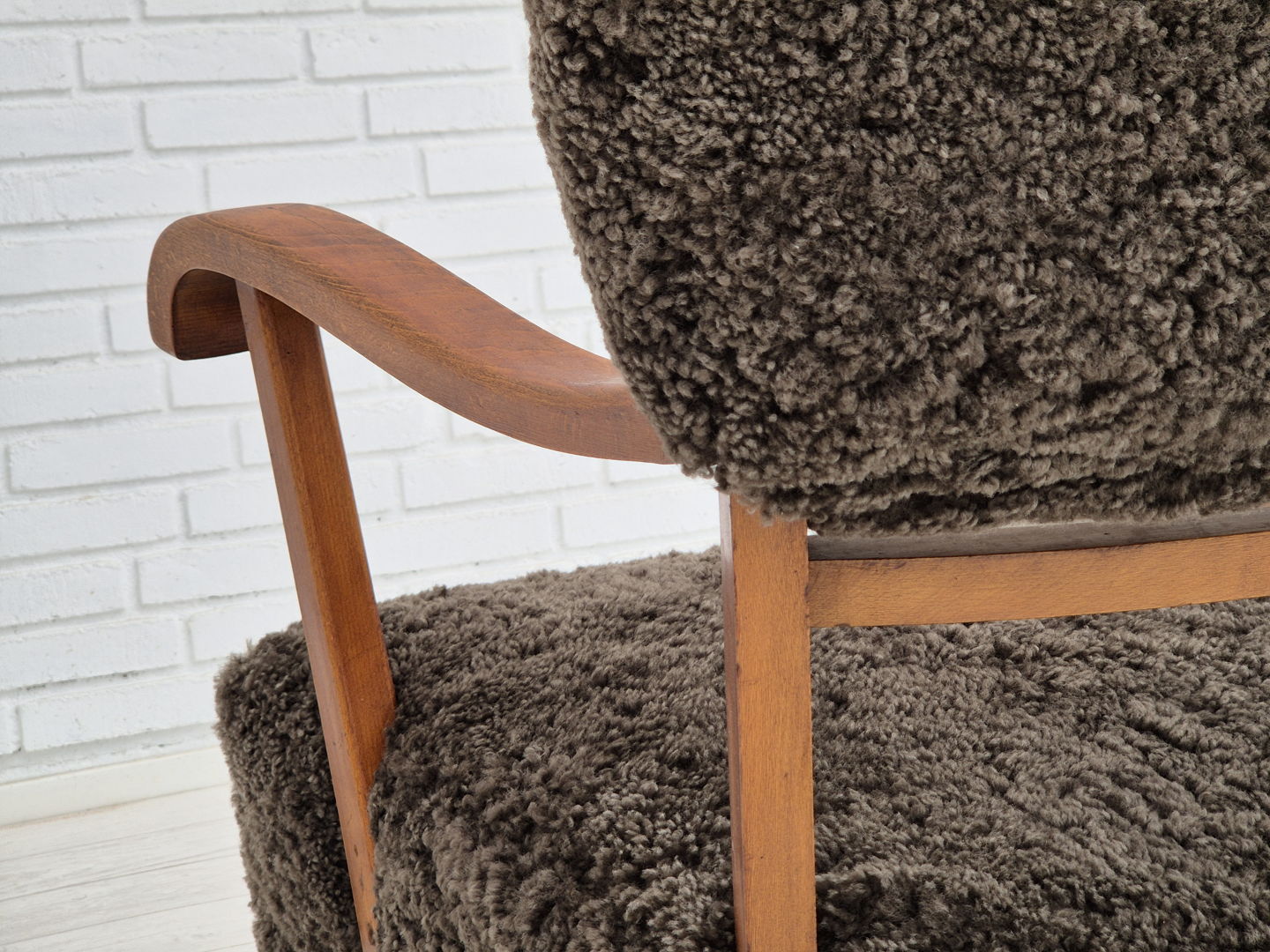 1950s, Danish design, reupholstered armchair, genuine sheepskin.