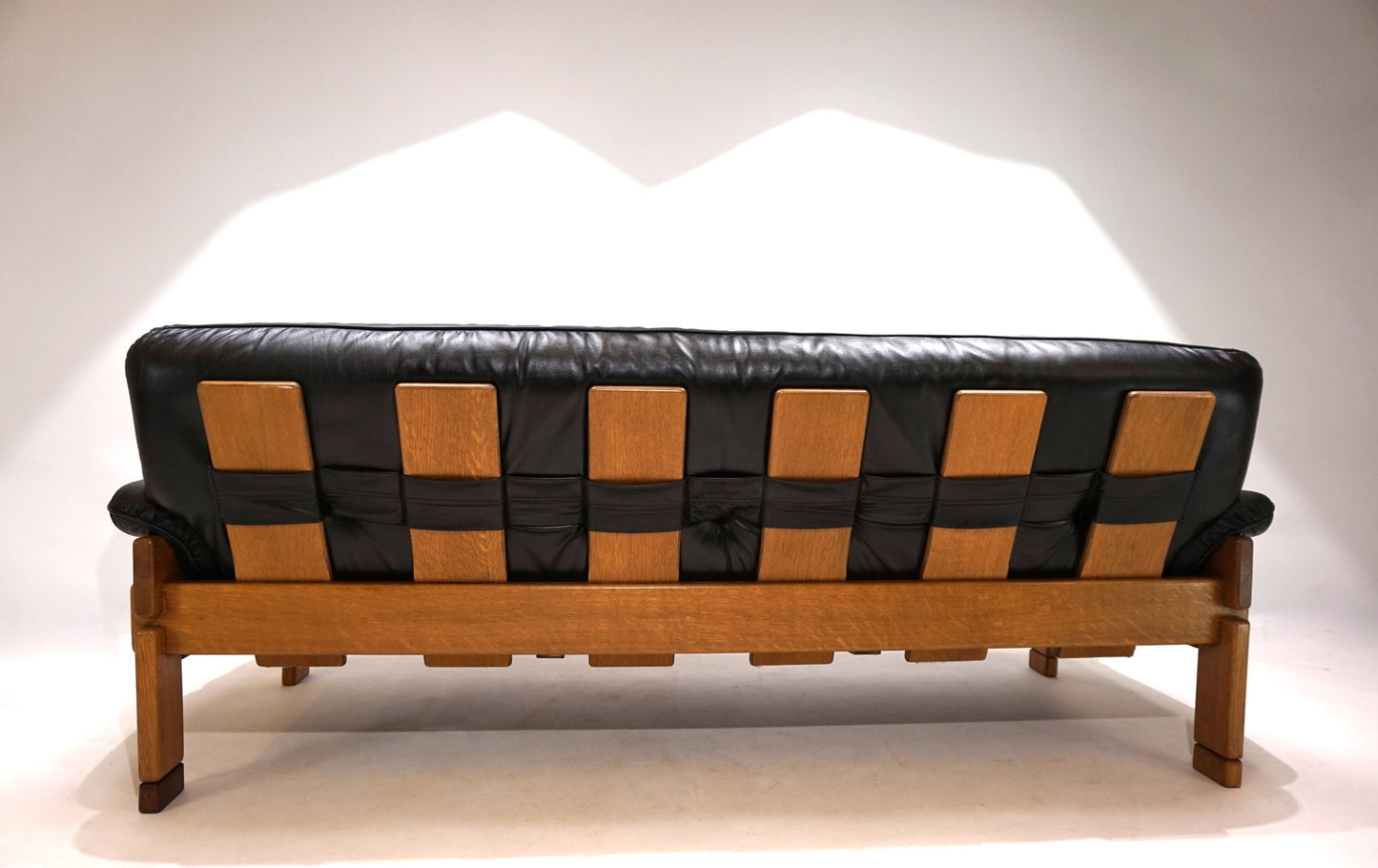 Brutalist 3 seater sofa leather and oak, 1960