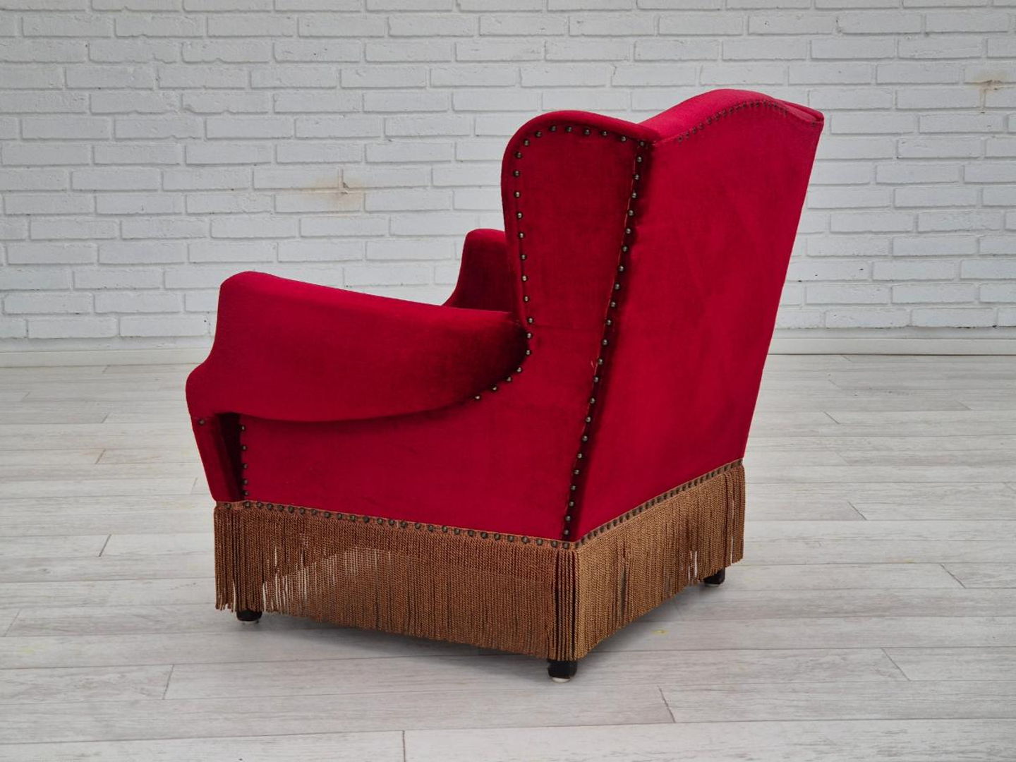 1960s, Danish lounge chair, original, furniture velour, oak wood legs