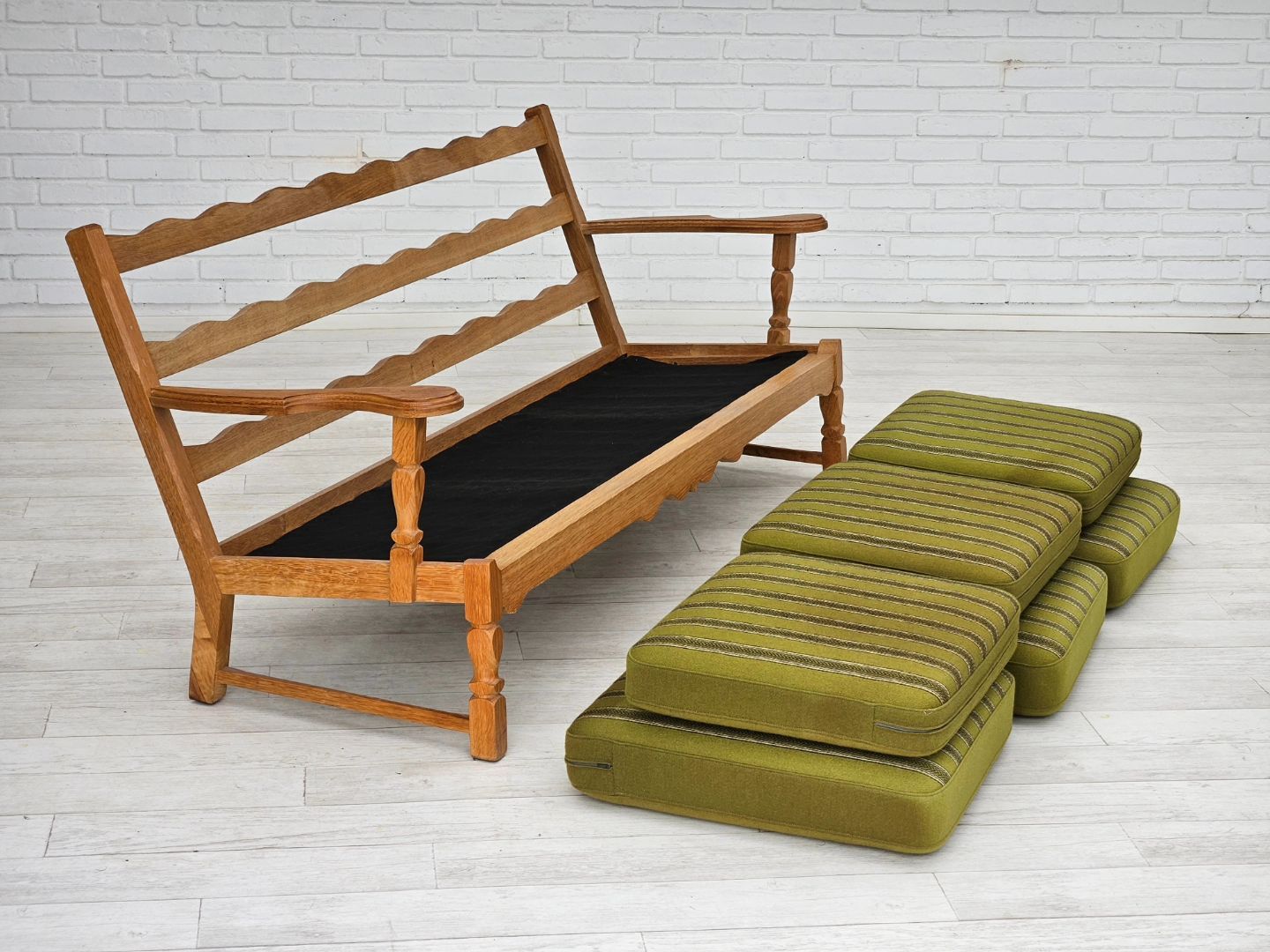 1970s, Danish design, 3 seater sofa in original condition, solid oak wood, furniture wool.